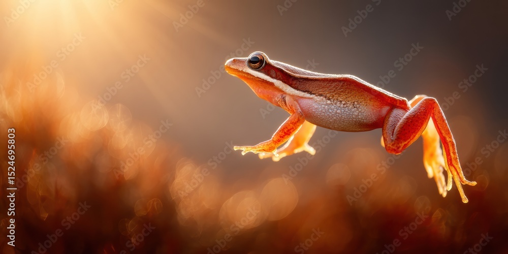 Aufkleber dynamic time bonus tree frog mid-leap with warm bokeh lighting symbolizing opportunity and seizing e