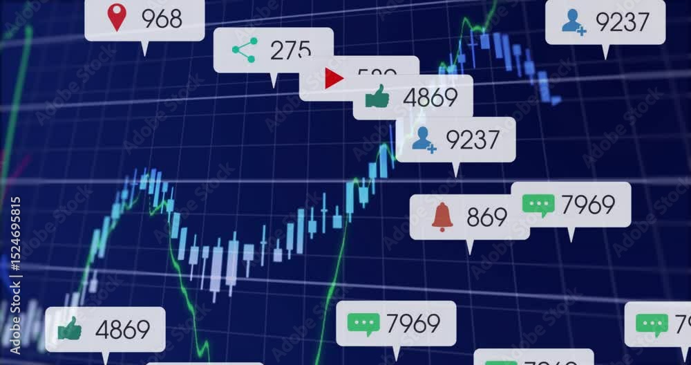 Poster blue grid opening chart dipping climbing lines and floating icons updating engagement metrics