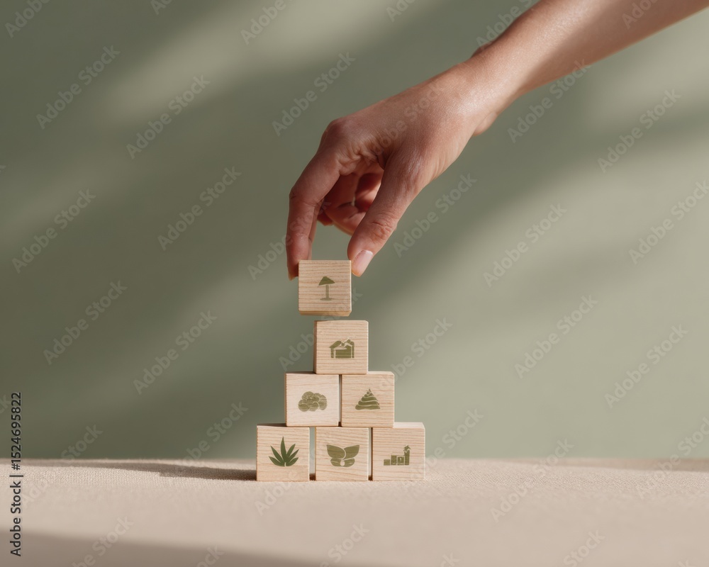 Poster modern hand stacking wooden blocks with employee benefit icons on neutral background for hr and work