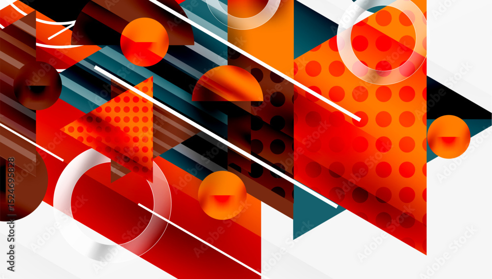 Poster Abstract geometric composition. Red, orange, black shapes overlap. Lines, circles, triangles create dynamic visual effect. Modern design.