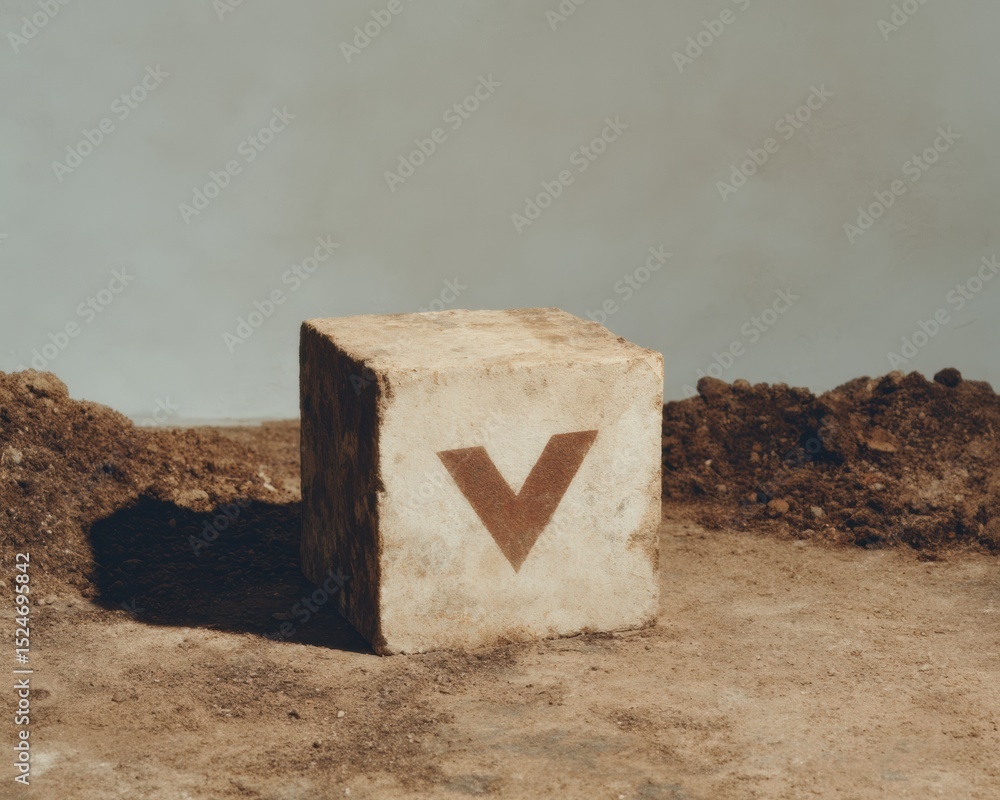 Poster rustic wooden cube with check mark symbol on textured surface for election campaign and voting right