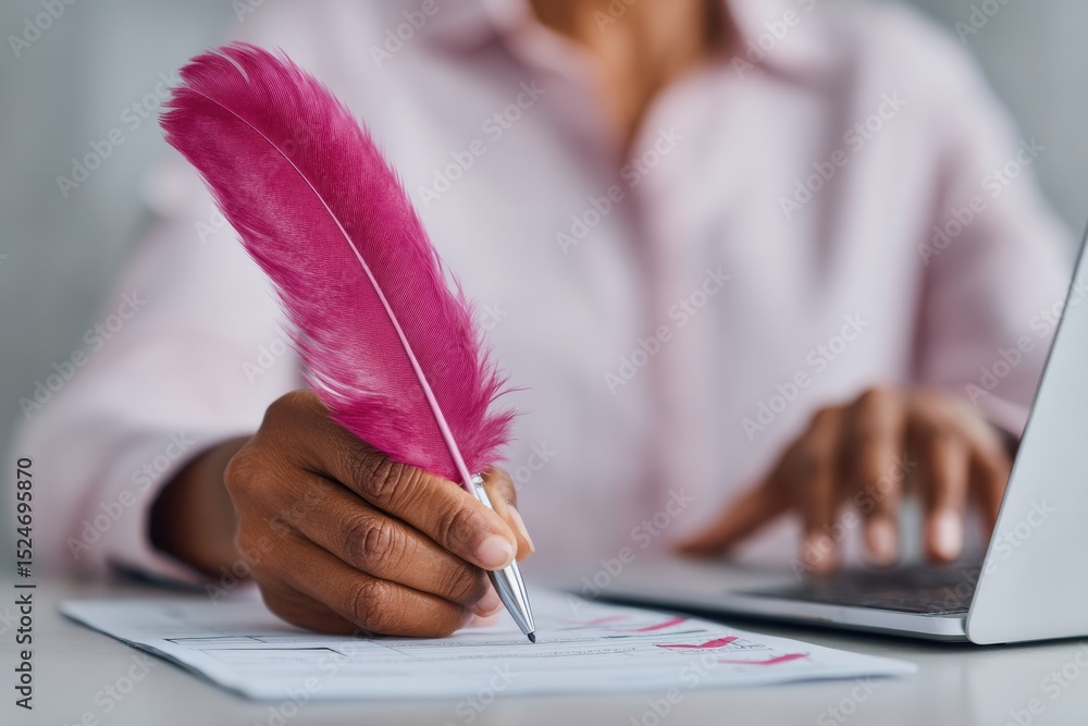 Aufkleber Modern business professional marking digital checklist with vibrant feather pen on laptop for workflow optimization and project management in corporate setting