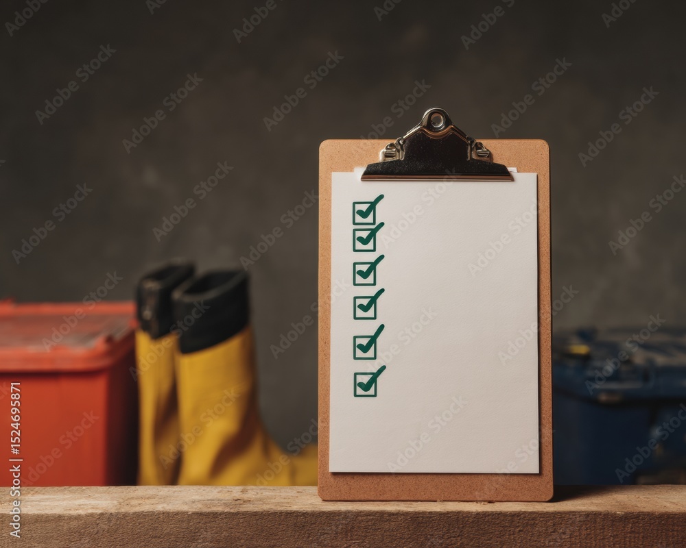Poster Industrial Style Wooden Clipboard with Completed Checklist Showing Green Check Marks for Efficient Task Management in Construction Settings