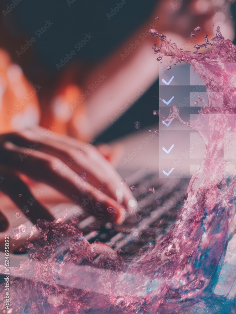 Poster Close-up of hands typing on laptop with transparent digital checklist overlay, symbolizing workflow automation and corporate efficiency in modern business technology