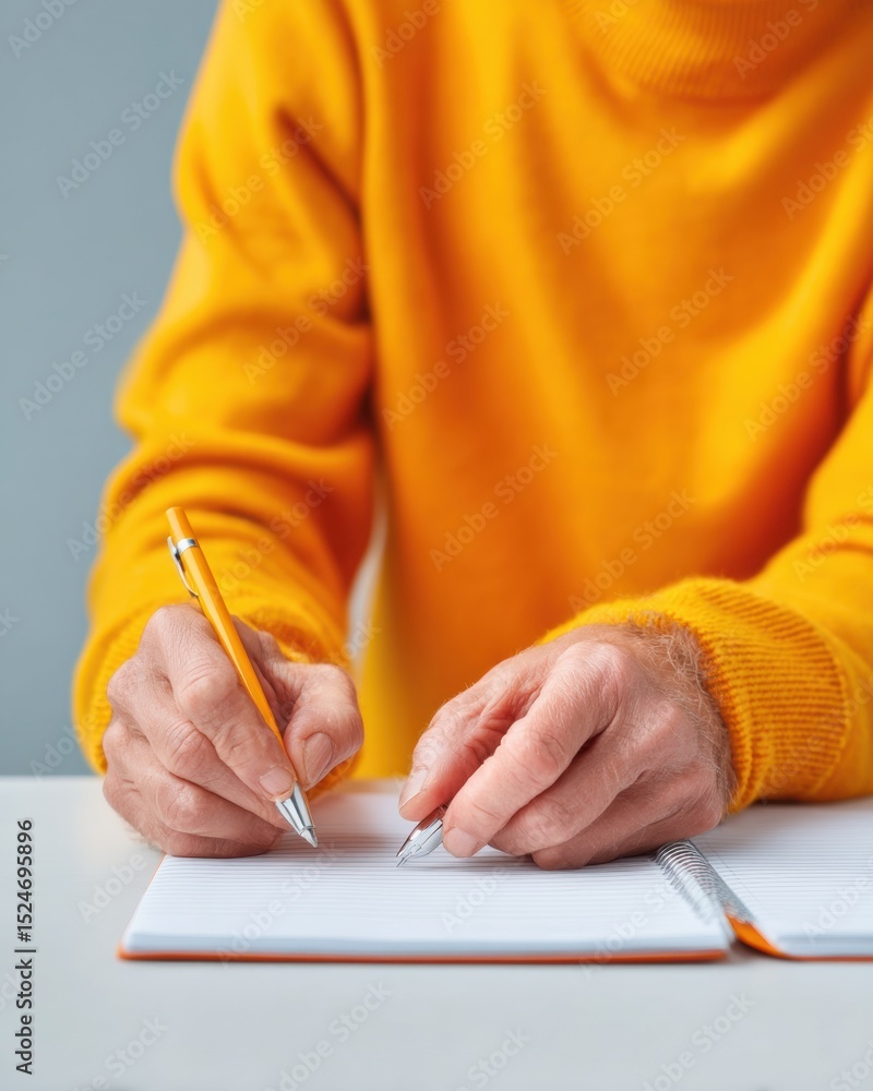 Poster modern business documentation close-up of hands writing on notebook with pen in bright casual wear -