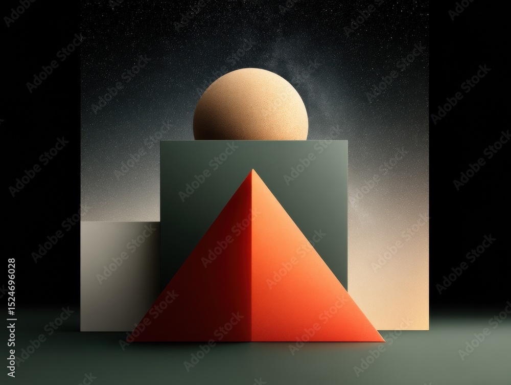 Poster Abstract geometric composition with pyramid sphere and cube shapes in modern minimal style emphasizing shapes and textures for digital design