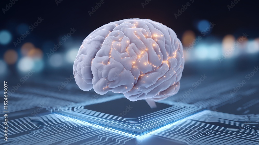 Poster a digital brain model on a circuit board background symbolizes technology and artificial intelligenc