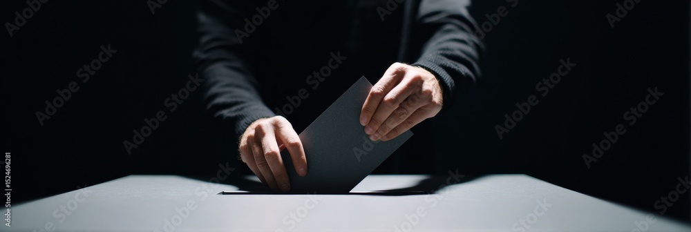 Poster Modern Voting Process Hands Inserting Official Ballot into Secure Box in Polling Station - Civic Duty Concept for Election Campaigns and Voter Engagement