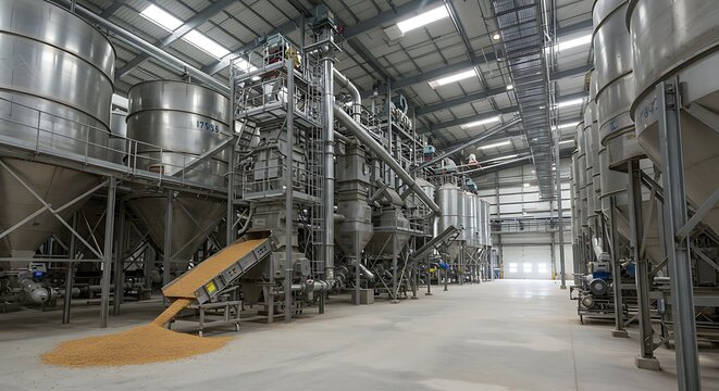 Modern Grain Processing Facility Interior with Conveyors and Silos