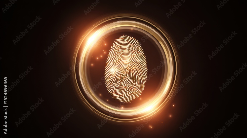 Poster a glowing fingerprint surrounded by a circular light effect, symbolizing security and identity.