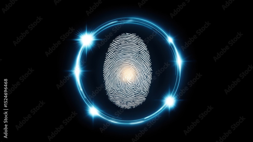 Poster digital fingerprint surrounded by glowing orbs on a dark background, symbolizing identity verificati