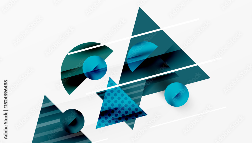 Poster abstract geometric shapes overlap. blue, teal hues dominate white background. lines create dynamic c