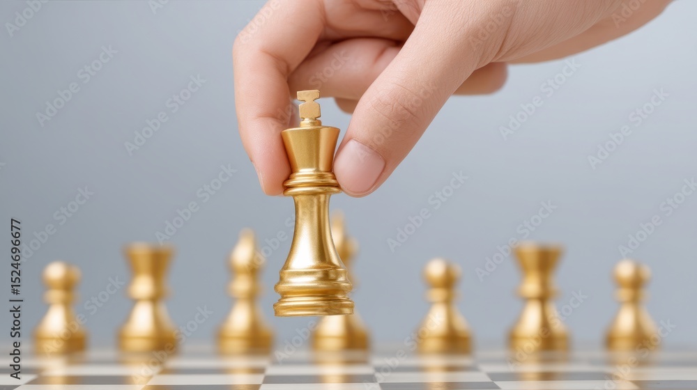 Poster a hand moves a golden chess piece on a chessboard, symbolizing strategy and decision-making in a com