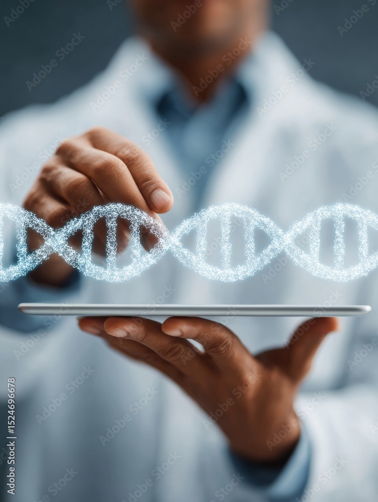 Poster medical professional using tablet with digital dna double helix visualization for genomic research a