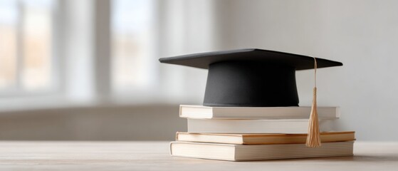 Modern Graduation Invitation Flatlay with Cap on Wooden Table, Stacked Textbooks, Bright Natural Light, Clean Neutral Palette, Academic Achievement Concept