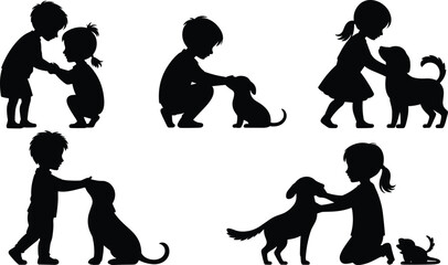Silhouette Illustration of Children Interacting with Pets: Playing, Caring, and Bonding with Dogs flat vector illustration