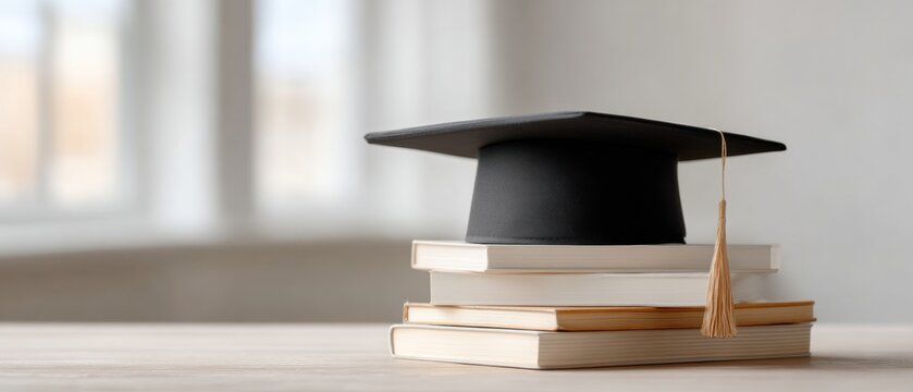 Modern Graduation Invitation Flatlay with Cap on Wooden Table, Stacked Textbooks, Bright Natural Light, Clean Neutral Palette, Academic Achievement Concept