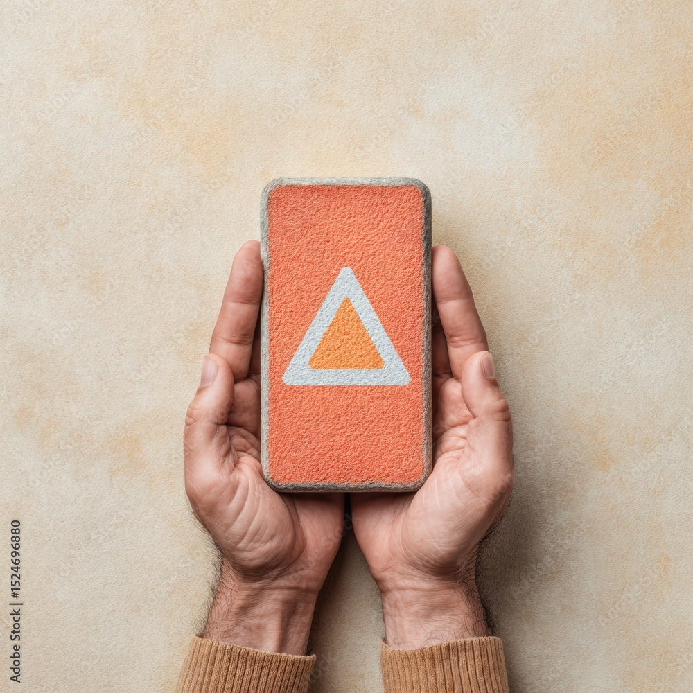 Poster Hands Holding Smartphone with Warning Triangle Alert Icon on Minimalist Background - Mobile Security Awareness and Digital Threat Protection Concept