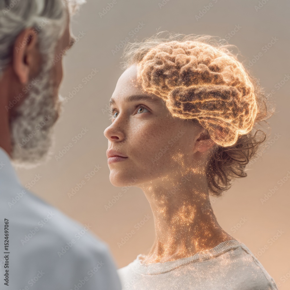 Poster futuristic clinical genomics consultation with holographic brain model highlighting neural mapping a