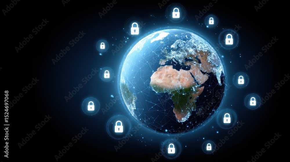 Poster visual representation of a globe surrounded by digital locks, symbolizing global cybersecurity and d