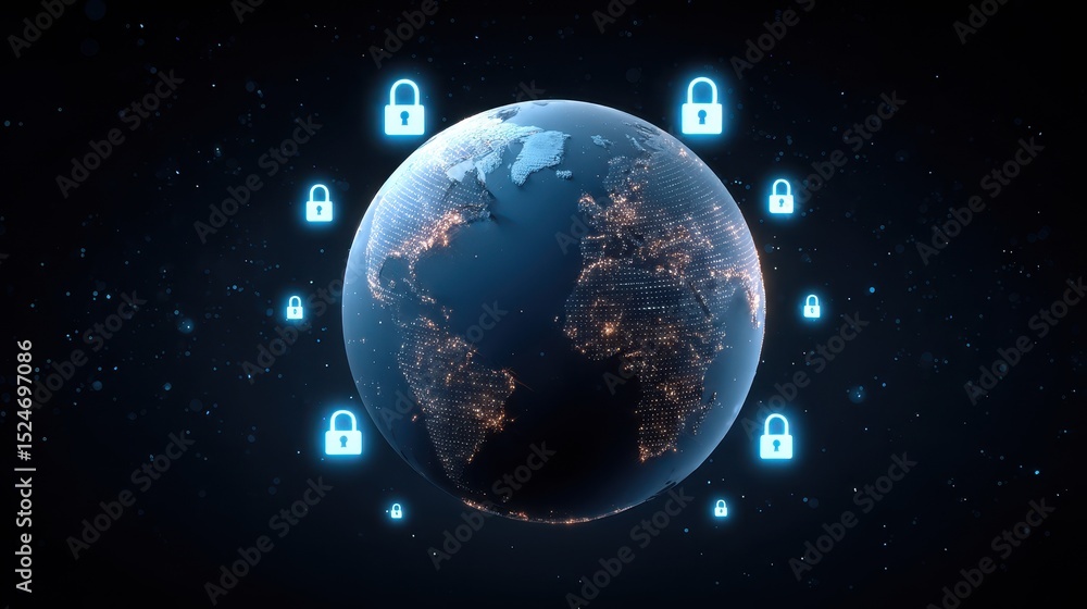 Aufkleber a digital representation of earth surrounded by locks, symbolizing global cybersecurity and data pro