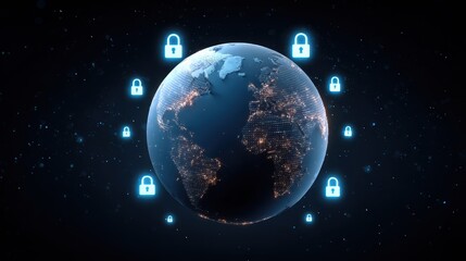 Obraz premium A digital representation of Earth surrounded by locks, symbolizing global cybersecurity and data protection in a connected world.