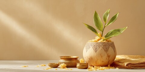 Traditional Auspicious Day Coconut with Sprouting Leaves in Decorative Metal Kalash Featuring Ritual Offerings for Festival Prosperity and Spiritual Branding