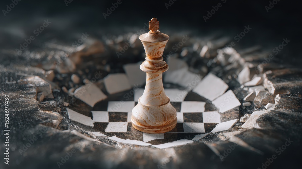 Aufkleber a chess piece stands in the center of a fractured chessboard, creating a striking visual contrast wi