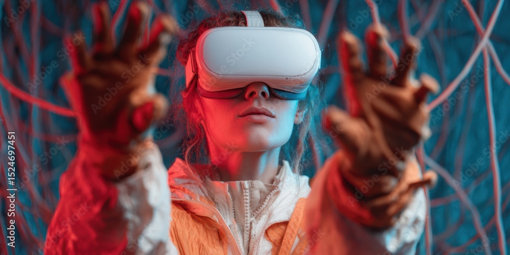 Poster futuristic female gamer with vr headset and haptic gloves in chaotic tech setup showcasing immersive