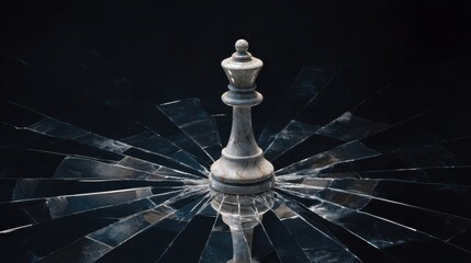 A shattered glass surface surrounds a silver chess king piece, symbolizing strategy and fragility in a striking visual contrast.