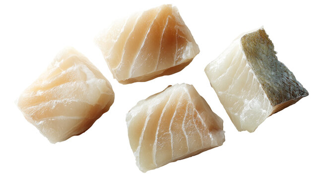 four pieces of cod fish fillets isolated, transparent background