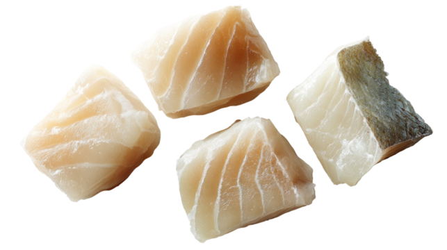 four pieces of cod fish fillets isolated, transparent background