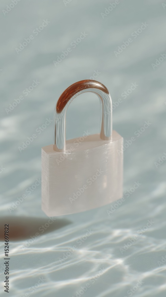 Poster Digital Padlock on Water Surface with Soft Lighting and Reflective Shadows - Minimalist Cybersecurity Visual for Tech and Data Protection Marketing