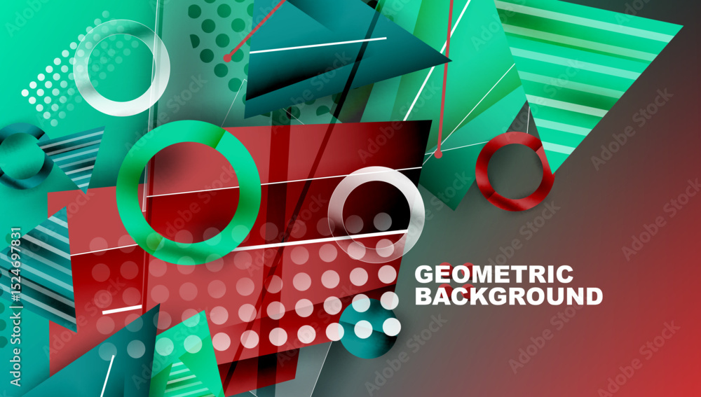 Poster Abstract geometric composition. Shapes overlap, creating dynamic visual effect. Teal, red, white dominate color scheme. Modern design.