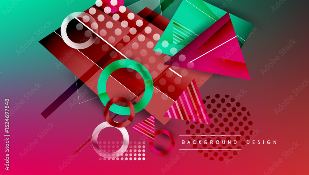 Poster Abstract geometric composition. Vibrant gradients, overlapping shapes create dynamic visual effect. Modern design elements present.