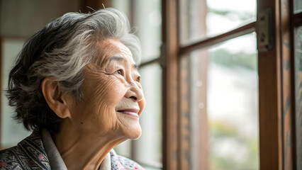 Smiling Elderly Woman with Gray Hair Gazing Thoughtfully Out a Wooden Framed Window