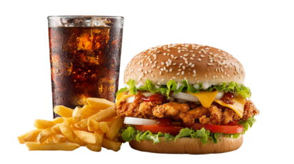 chicken burger combo meal with fries and a soda isolated, transparent background