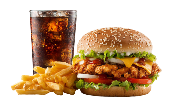 chicken burger combo meal with fries and a soda isolated, transparent background