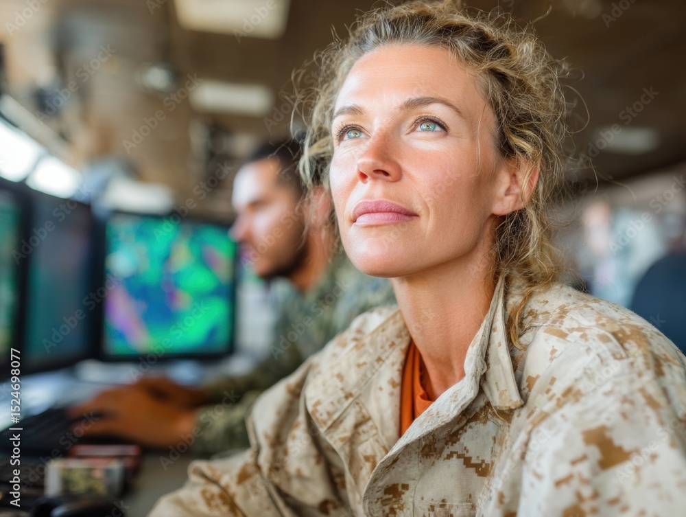 Poster homeland security military personnel analyzing cyber warfare intelligence data on multiple screens i