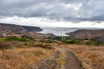 View of Little Harbor from trail on a cloudy day, Catalina Island, California