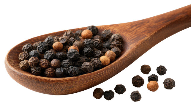 black peppercorns on a wooden spoon isolated, transparent background	 - Powered by Adobe