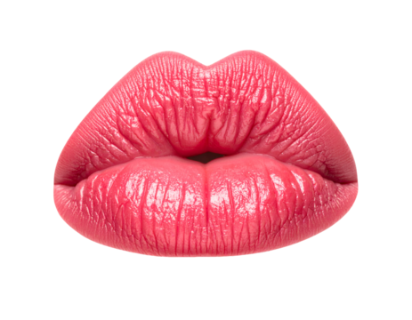 realistic puckered pink lips in kissing pose with glossy lipstick, romantic and sensual beauty expression, on isolated background
