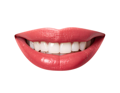 realistic close up of smirking pink lips with white teeth and glossy lipstick, confident and charming facial expression, on isolated background
