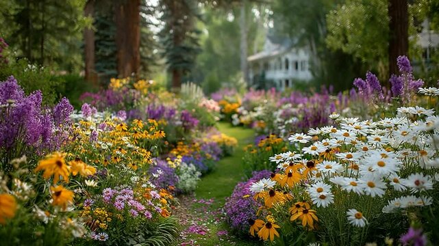 Picturesque Flower Garden Path with Colorful Blossoms and Lush Greenery Landscape