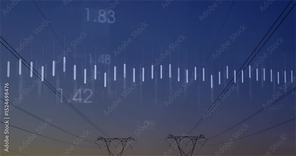 Poster with dusk sky emerging bars fading in jagged line weaving between numbers showing power variations