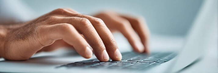 Digital onboarding concept with hands typing on laptop keyboard, sleek modern workspace, harsh fluorescent lighting, electric blue and navy palette for tech branding