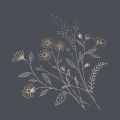 Delicate floral illustration featuring various flowers and leaves on dark background, evoking sense of tranquility and beauty