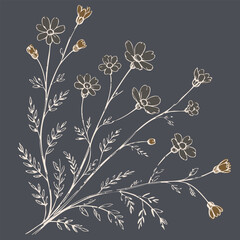 Delicate floral illustration featuring various flowers and leaves on dark background, evoking sense of tranquility and nature beauty