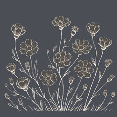 Delicate floral illustration featuring various flowers with intricate details on dark background, evoking sense of tranquility and beauty