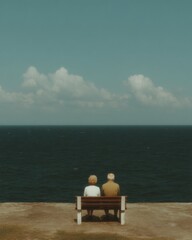 Tranquil elderly couple on bench facing vast ocean horizon symbolizing peaceful retirement, lifelong companionship, and mindful reflection in modern lifestyle imagery